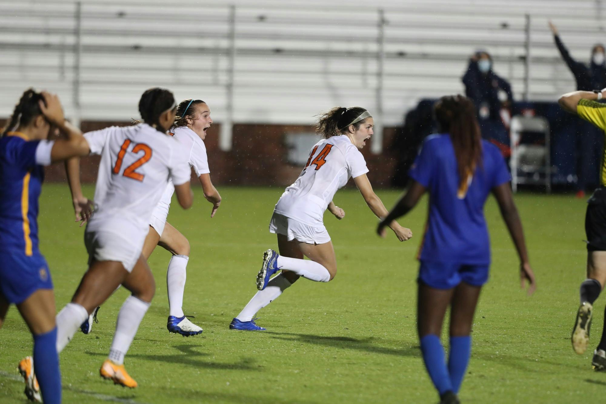 Sophomore midfielder Emma Dawson celebrates her second collegiate goal to secure an overtime win against Pittsburgh Thursday night.&nbsp;