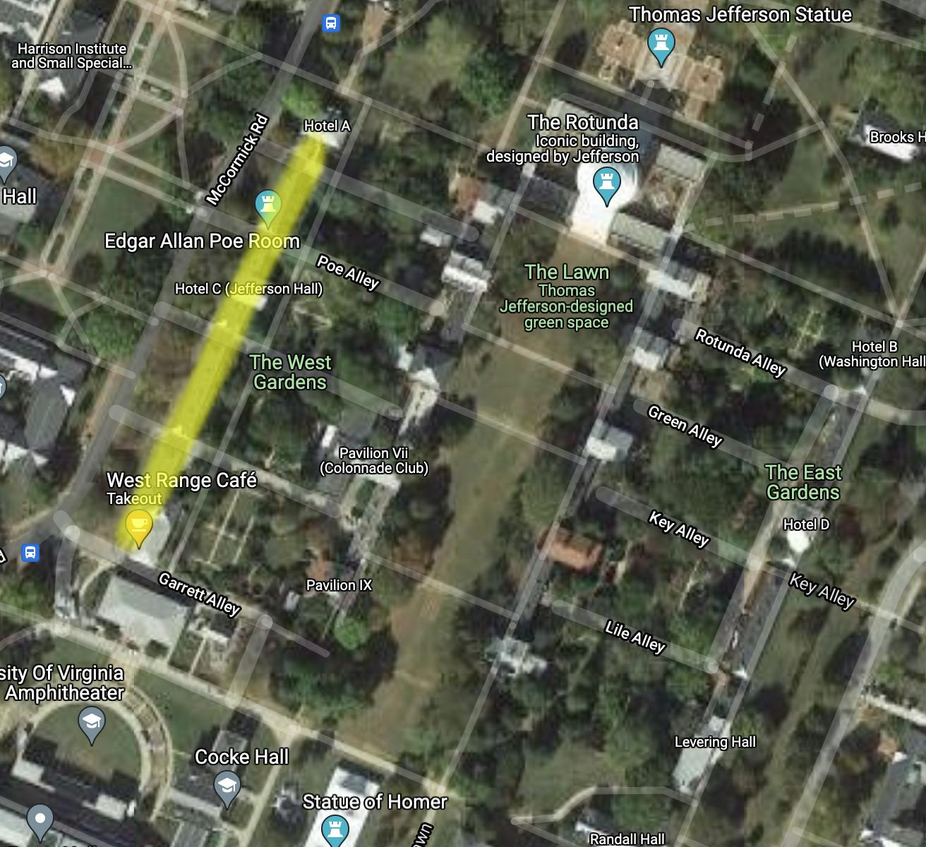 The West Range rooms, located adjacent to the Lawn residences and Pavilions. The Range rooms are home to graduate students at the University.