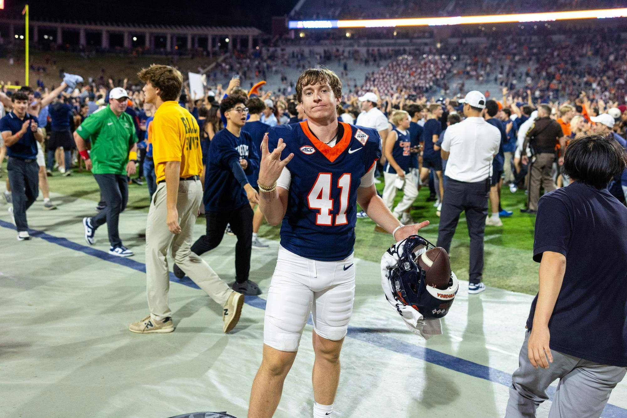 Will Bettridge celebrates Virginia's victory over Florida State.