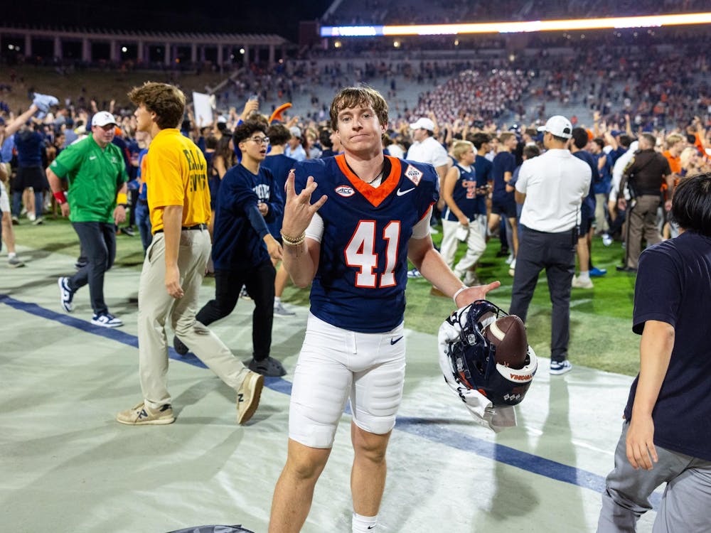 Will Bettridge celebrates Virginia's victory over Florida State.