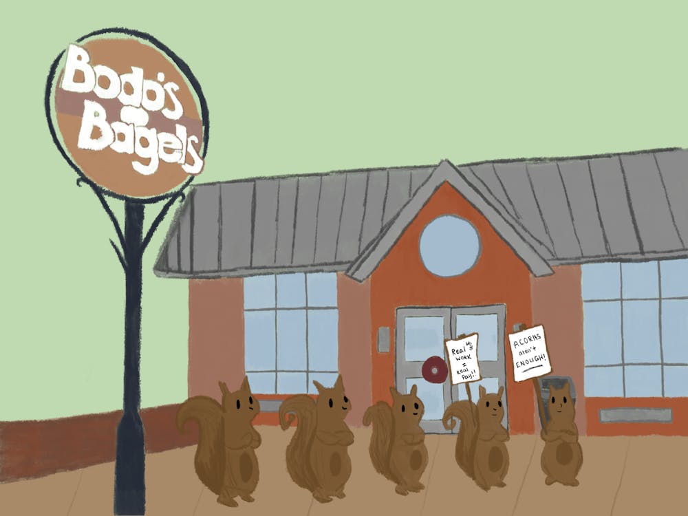 On the 30th anniversary of the start of squirrel labor at the University, the Guild representatives finally decided enough was enough and gathered outside of Bodo’s to advertise their cause to passersby.&nbsp;