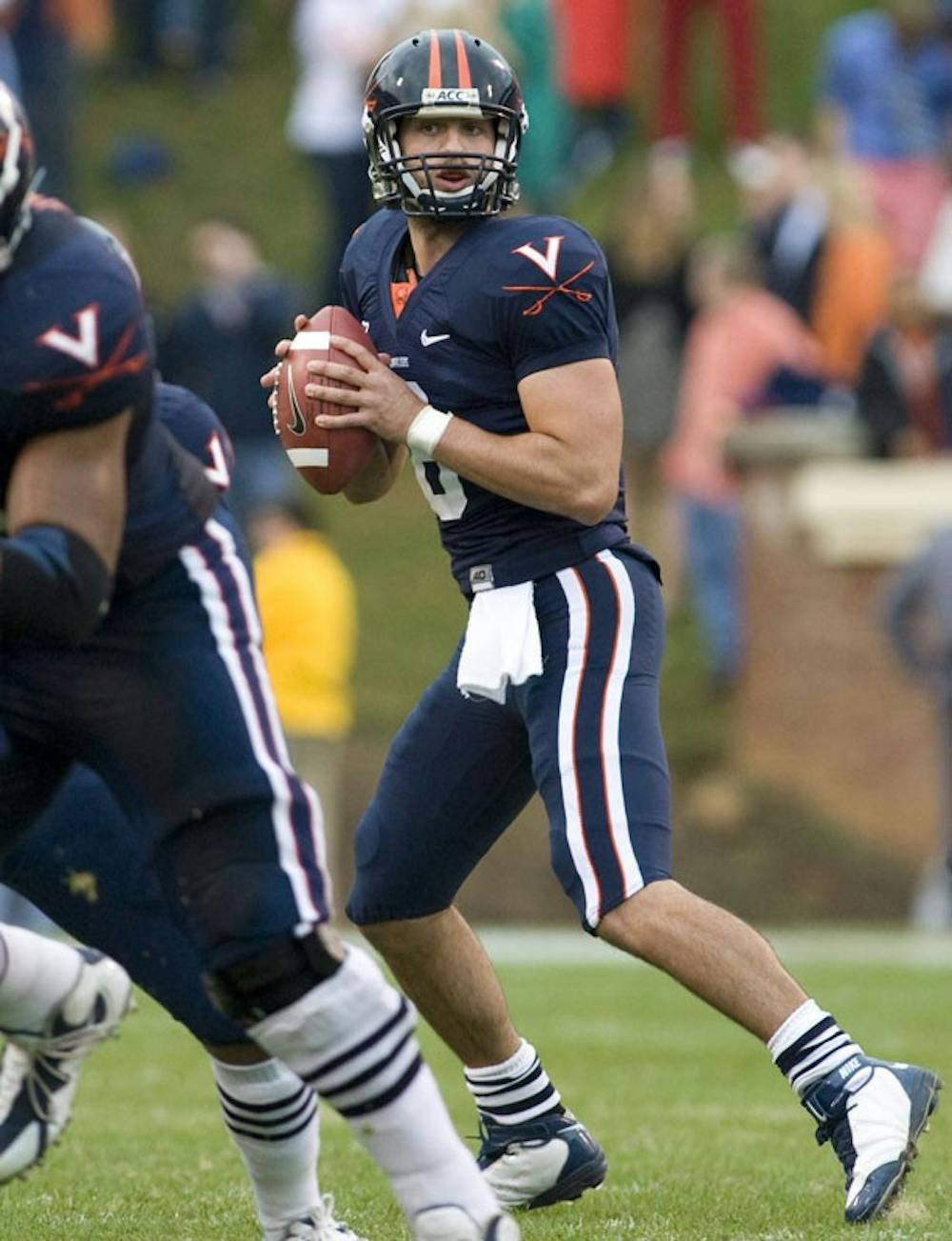 Virginia quarterback Marc Verica (6) stepped into the game for Jameel Sewell after a brief injury. The Duke Blue Devils triumphed over the Cavaliers for the second year in a row 28-17 in Scott Stadium, located in Charlottesville VA on October 31, 2009.