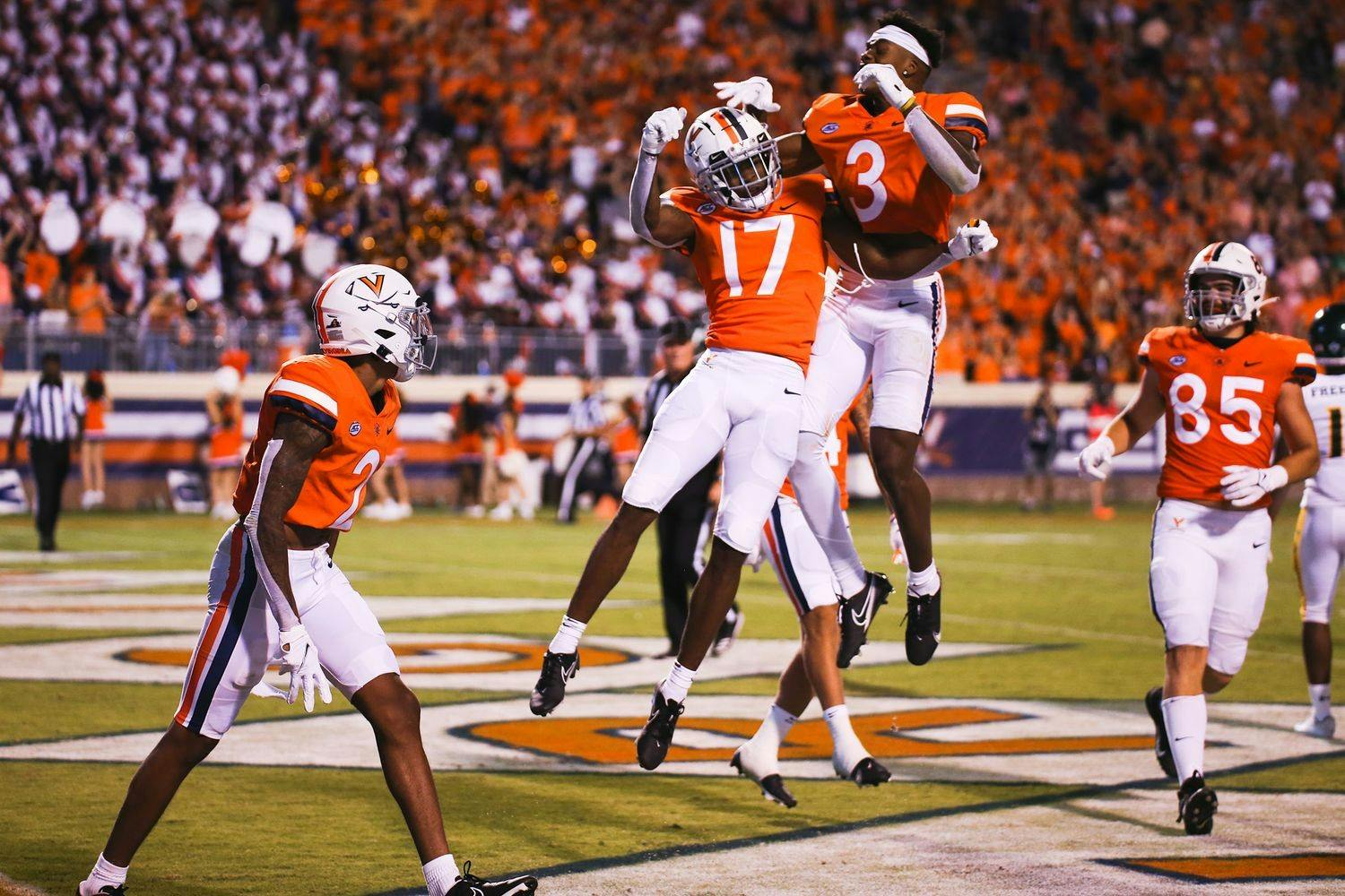 Sophomore wide receiver Demick Starling celebrates with his team after hauling in a 65-yard touchdown catch.