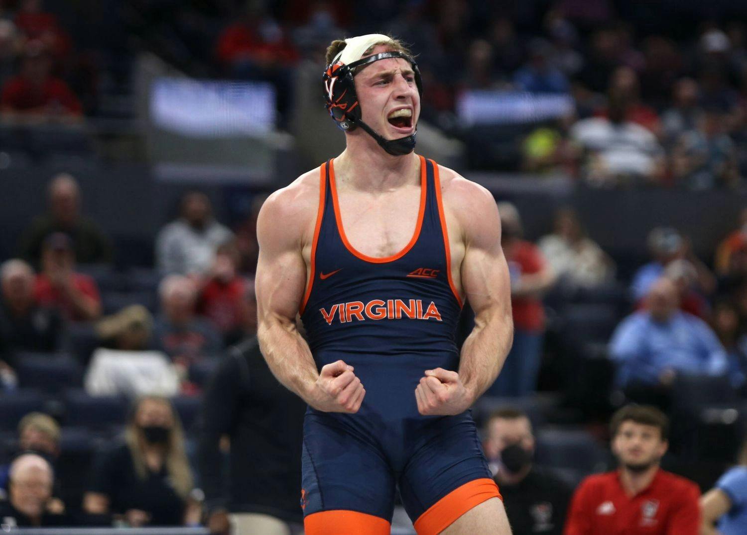 Senior Justin McCoy celebrates a victory en route to his second place finish in the ACC Tournament.