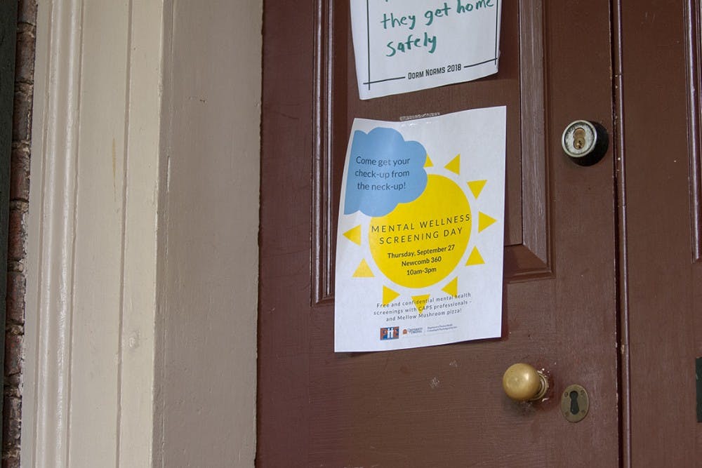 <p>A poster for Mental Wellness Screening Day taped to a Lawn room door</p>