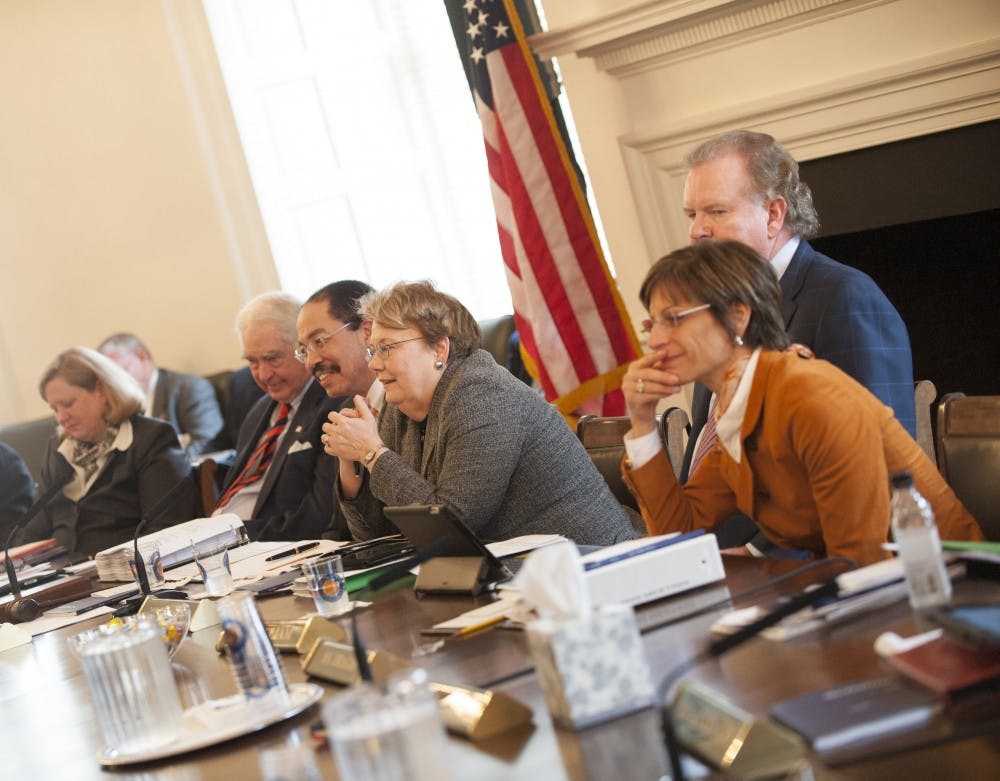 	Rector George Martin (above, fourth from the right) has outlined a more tightly controlled Board message through a stricter ethics policy. Former Rector Helen Dragas (above, far right) has resisted these changes, saying they would promote &#8220;an atmosphere of secrecy.&#8221;