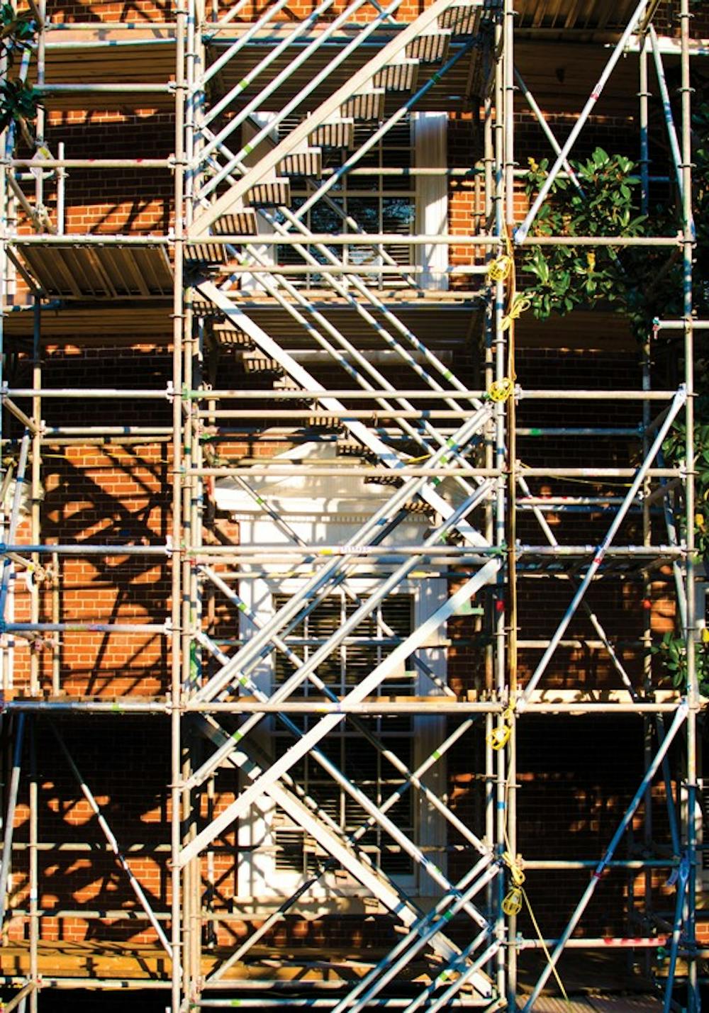 	<p>The University built scaffolding to facilitate Rotunda roof renovations but has since had to add security to ensure students do not attempt to scale it. </p>