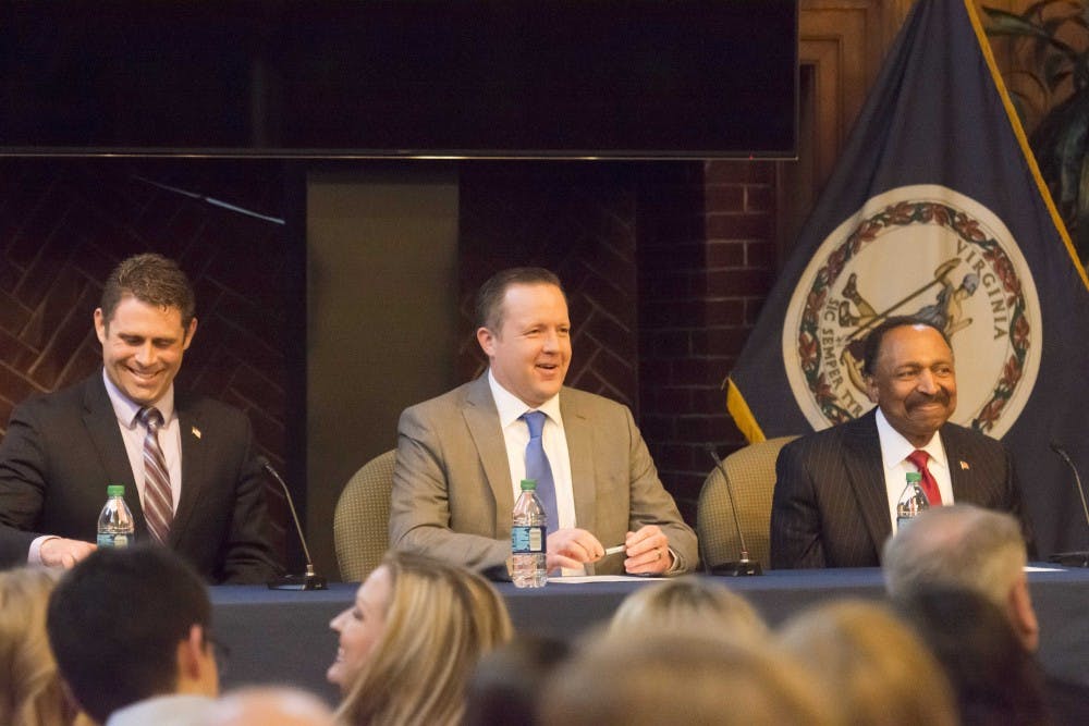 &nbsp;Va. Republican candidates for U.S. Senate Va. Delegate Nick Freitas (left), former candidate for Va. governor Corey Stewart (center) and Pastor E.W. Jackson (right).&nbsp;