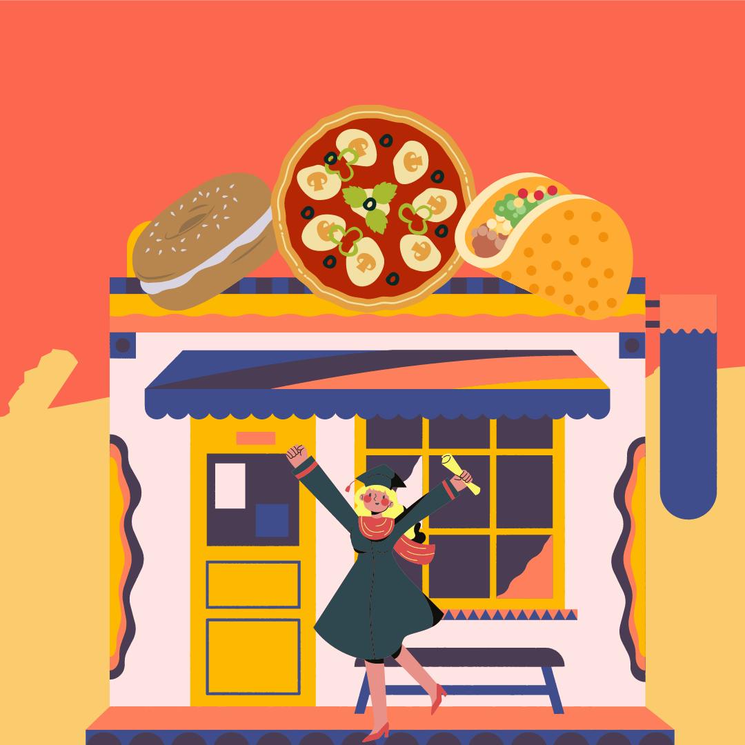 Ending graduation with delicious options of bagels, tacos and pies.