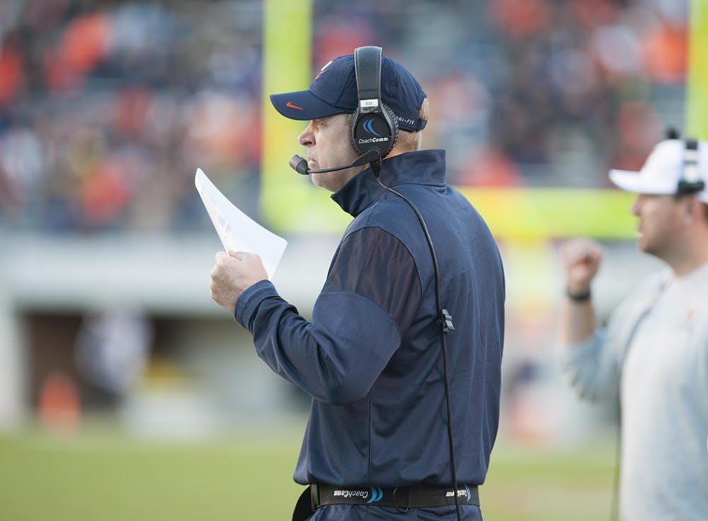 <p>Coach Bronco Mendenhall had his first losing season as a head coach, going 2-10 in his first campaign with the Cavaliers.</p>