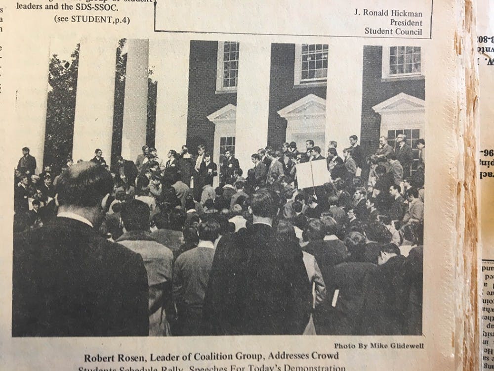 <p>A crowd of 1,000 listen to an 11-point program detailing actions the student body wished the administration to take to promote a more racially inclusive atmosphere.</p>