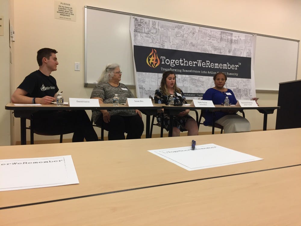 The panelists for the event included (left to right) David Estrin, Susan Bro, Rabbi Rachel Schmelkin and Reverend Patricia Jones Turner.&nbsp;