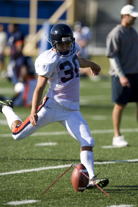 Virginia kicker Robert Randolph (30).  The Virginia Cavaliers football team during an open practice on August 9, 2008 at the University of Virginia's football turf field in Charlottesville, VA.