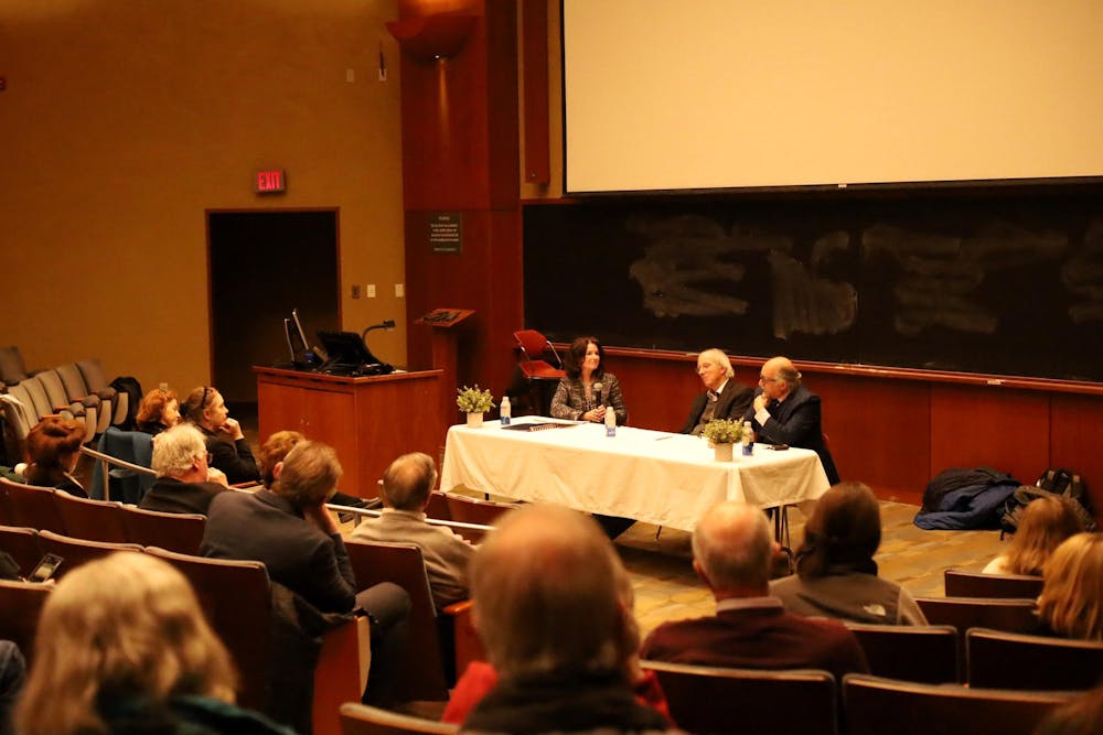 <p>Christa Acampora, dean of the College of Arts and Sciences, moderated the conversation.</p>