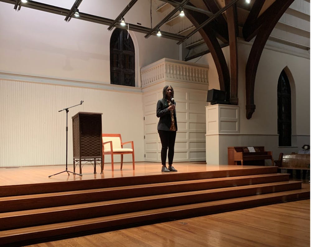 <p>Local author Jocelyn Nichole Johnson talks to an audience at The Haven on Friday evening about her debut novel, “My Monticello.”</p>