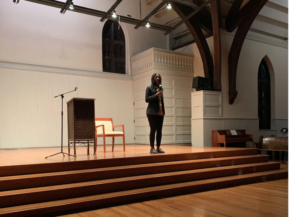Local author Jocelyn Nichole Johnson talks to an audience at The Haven on Friday evening about her debut novel, “My Monticello.”