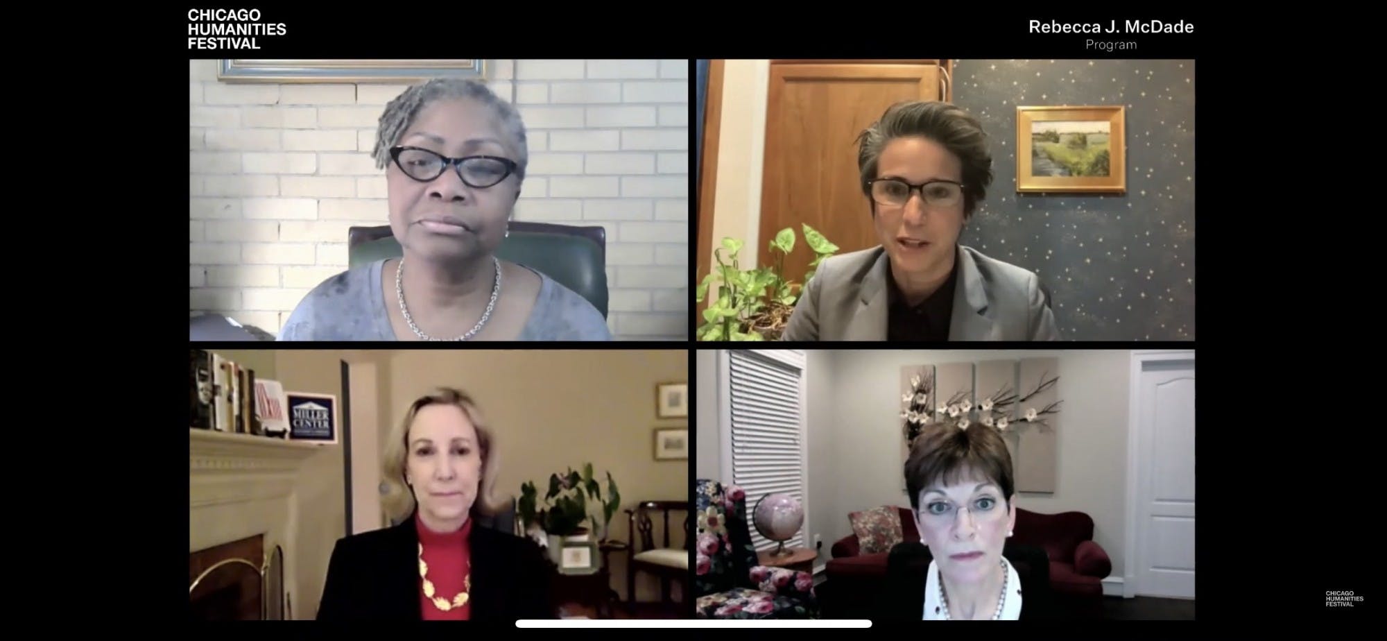 Valerie C. Johnson of DePaul University, Amy Walter of The Cook Political Report, Barbara Perry, director of presidential studies at the Miller Center and political columnist Mona Charen from The Bulwark gathered virtually for the Chicago Humanities Festival event.