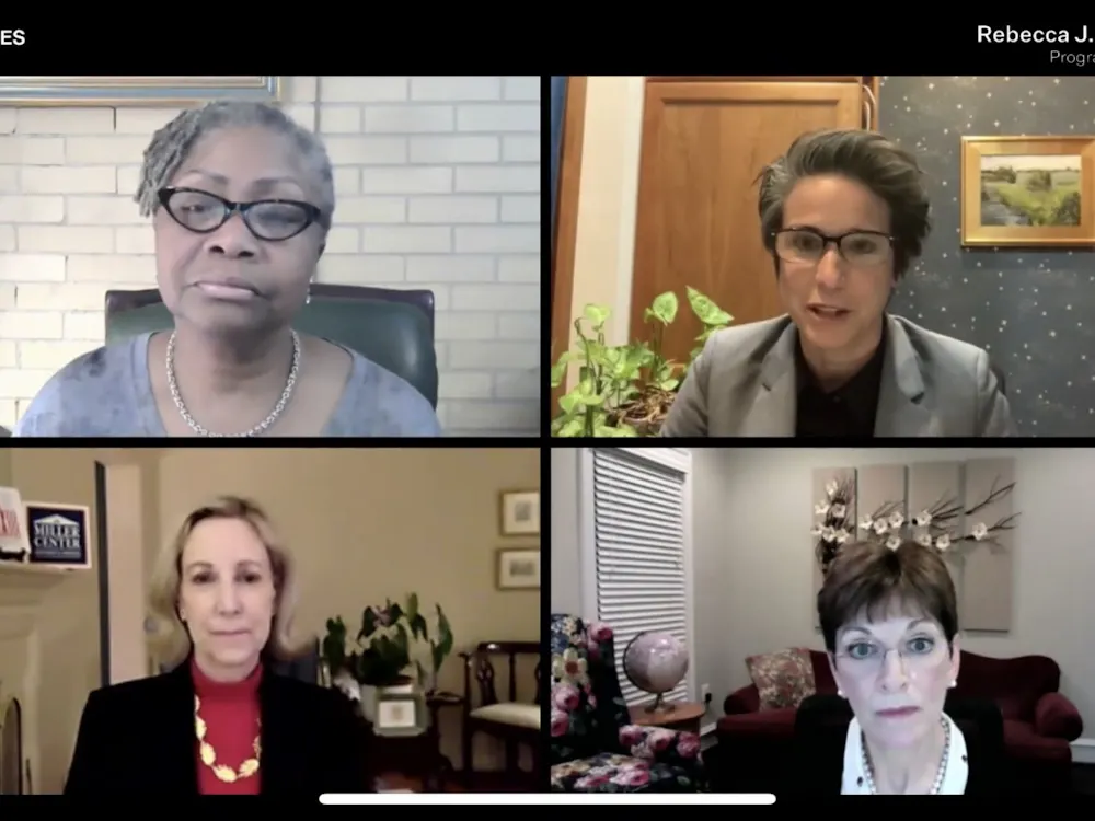 Valerie C. Johnson of DePaul University, Amy Walter of The Cook Political Report, Barbara Perry, director of presidential studies at the Miller Center and political columnist Mona Charen from The Bulwark gathered virtually for the Chicago Humanities Festival event.