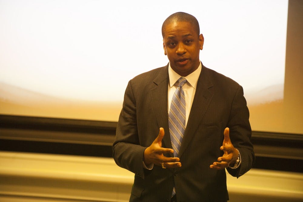 	Justin Fairfax, candidate for Virginia Attorney General, spoke to the University Democrats Wednesday evening.