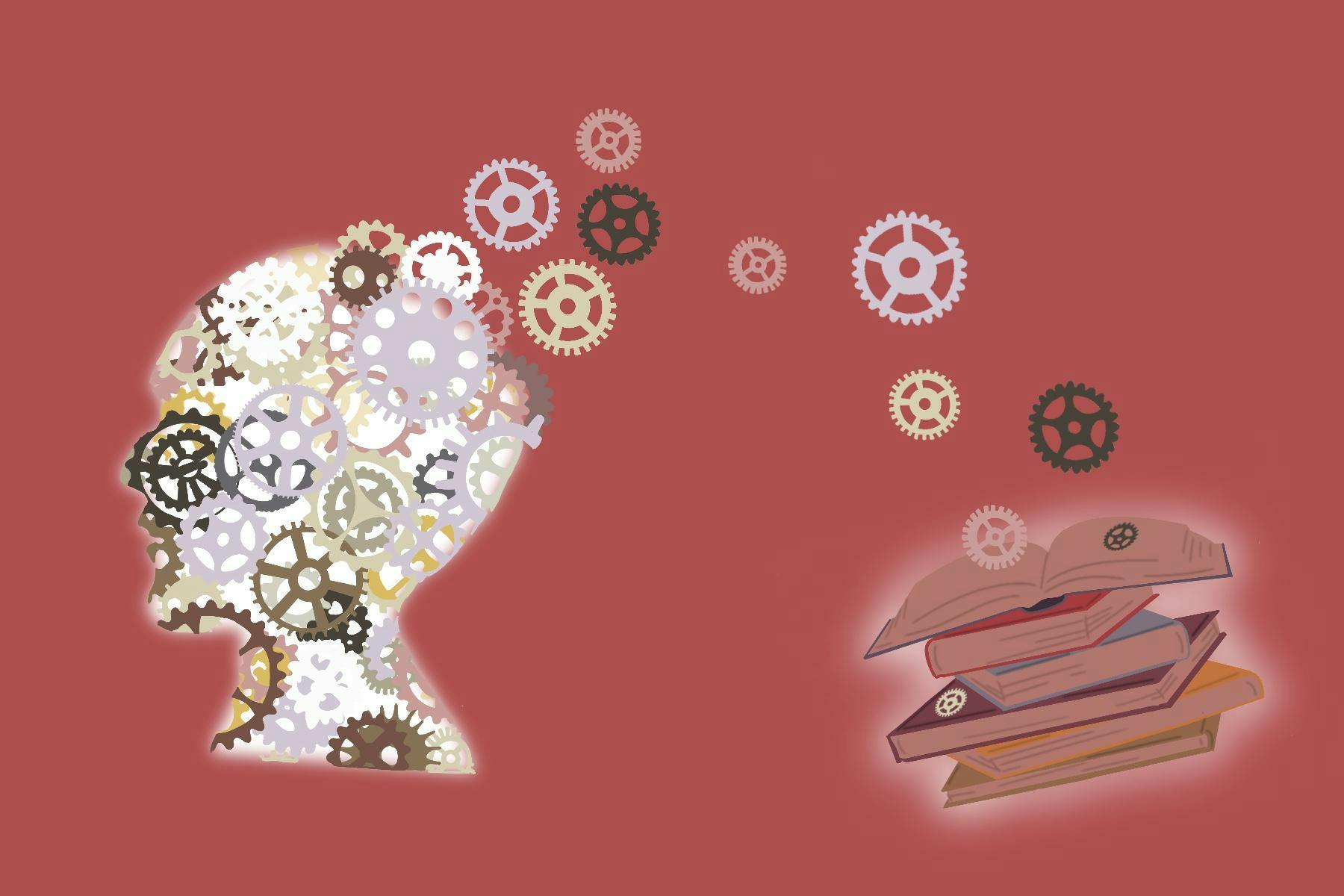 A graphic showing mechanical gears moving from a brain to books.