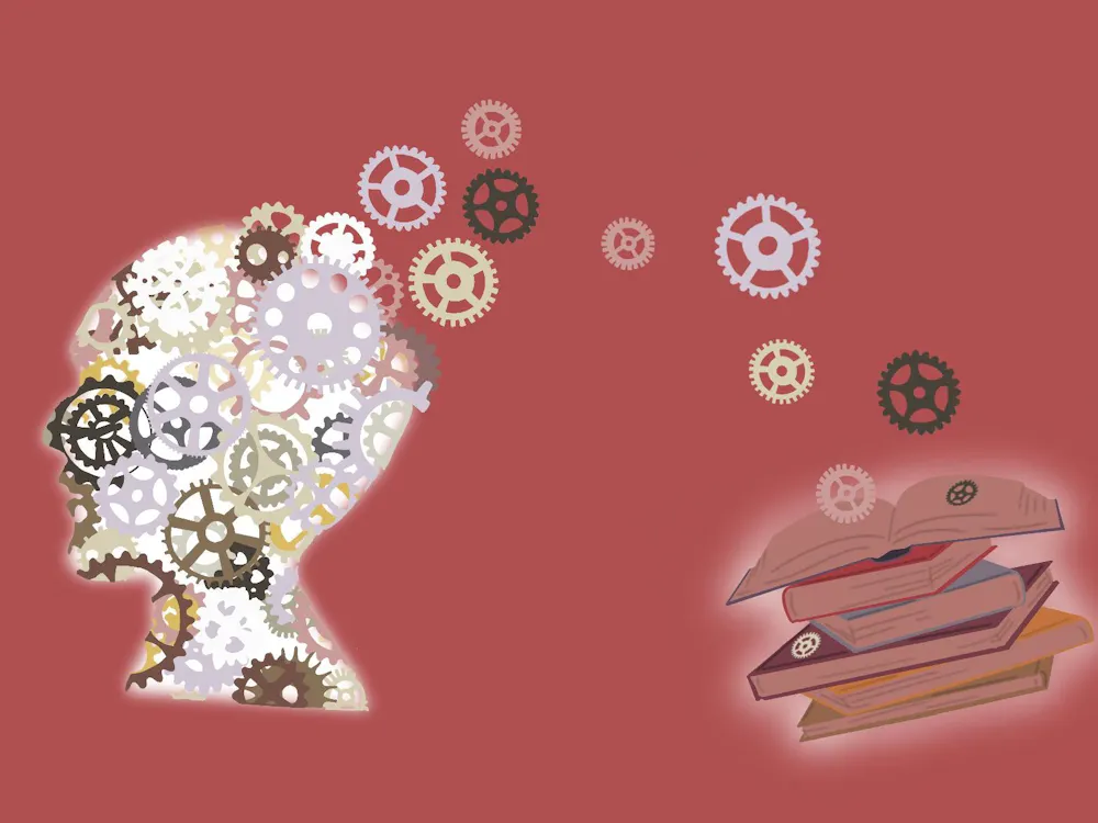A graphic showing mechanical gears moving from a brain to books.