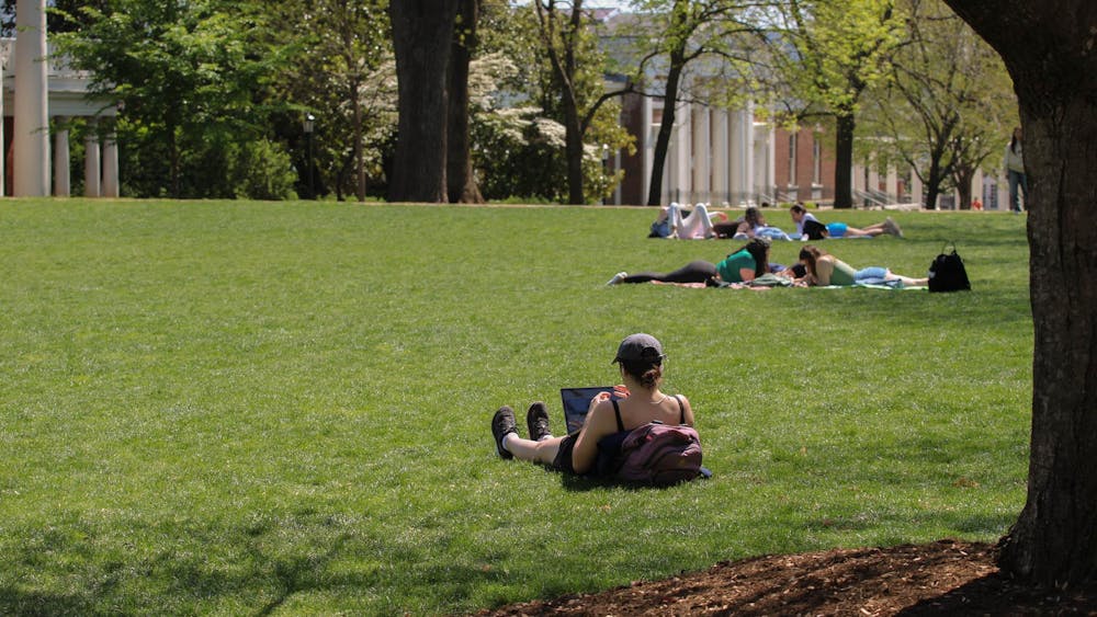 Students studying on The Lawn, photographed April 14, 2025.