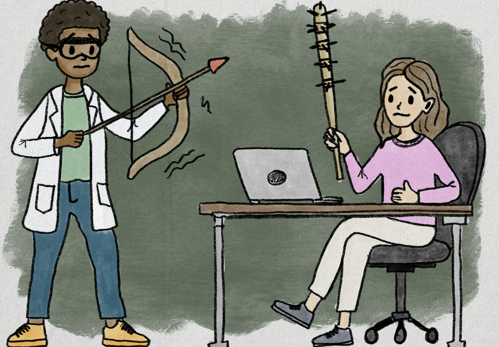 CS students are shooting shots with no aim and pre-med students might just get scared to death once they see all the eyes on them. A fight to the death just might do them some good.