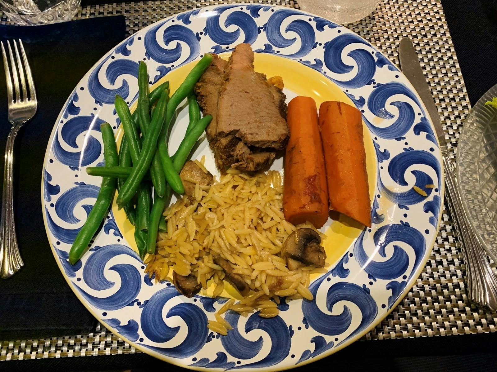 My family's typical Christmas Eve/birthday dinner consists of brisket, carrots, orzo, orange jello and green beans — all top-secret family recipes. &nbsp;