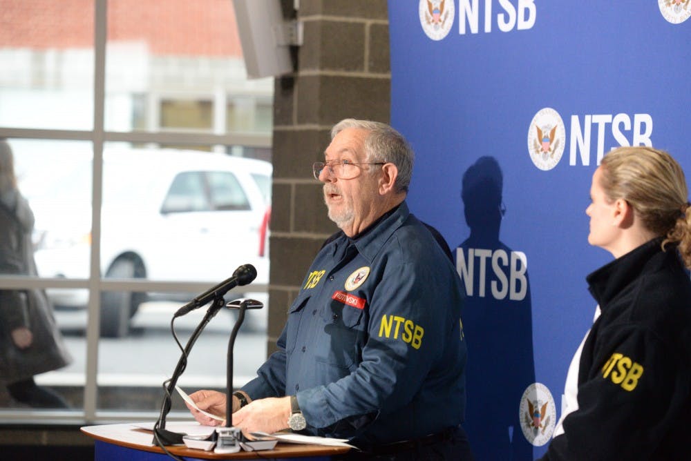 <p>Pete Kotowski, chief investigator of the collision site, speaks during Thursday's press conference.</p>