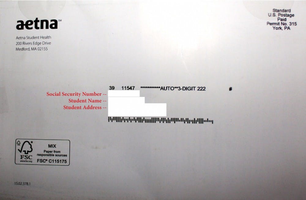 	A mailer sent by Aetna Student Health company informing students of available insurance plans for the 2013-14 academic year included students&#8217; social security numbers on the address labels. [RED LETTERS added — actual information removed to protect privacy.]