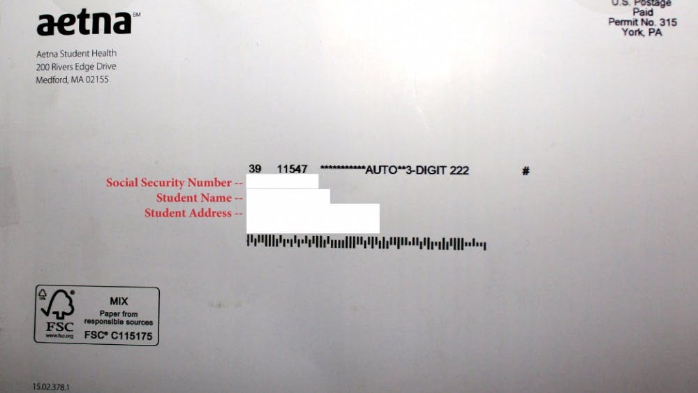 	A mailer sent by Aetna Student Health company informing students of available insurance plans for the 2013-14 academic year included students&#8217; social security numbers on the address labels. [RED LETTERS added — actual information removed to protect privacy.]