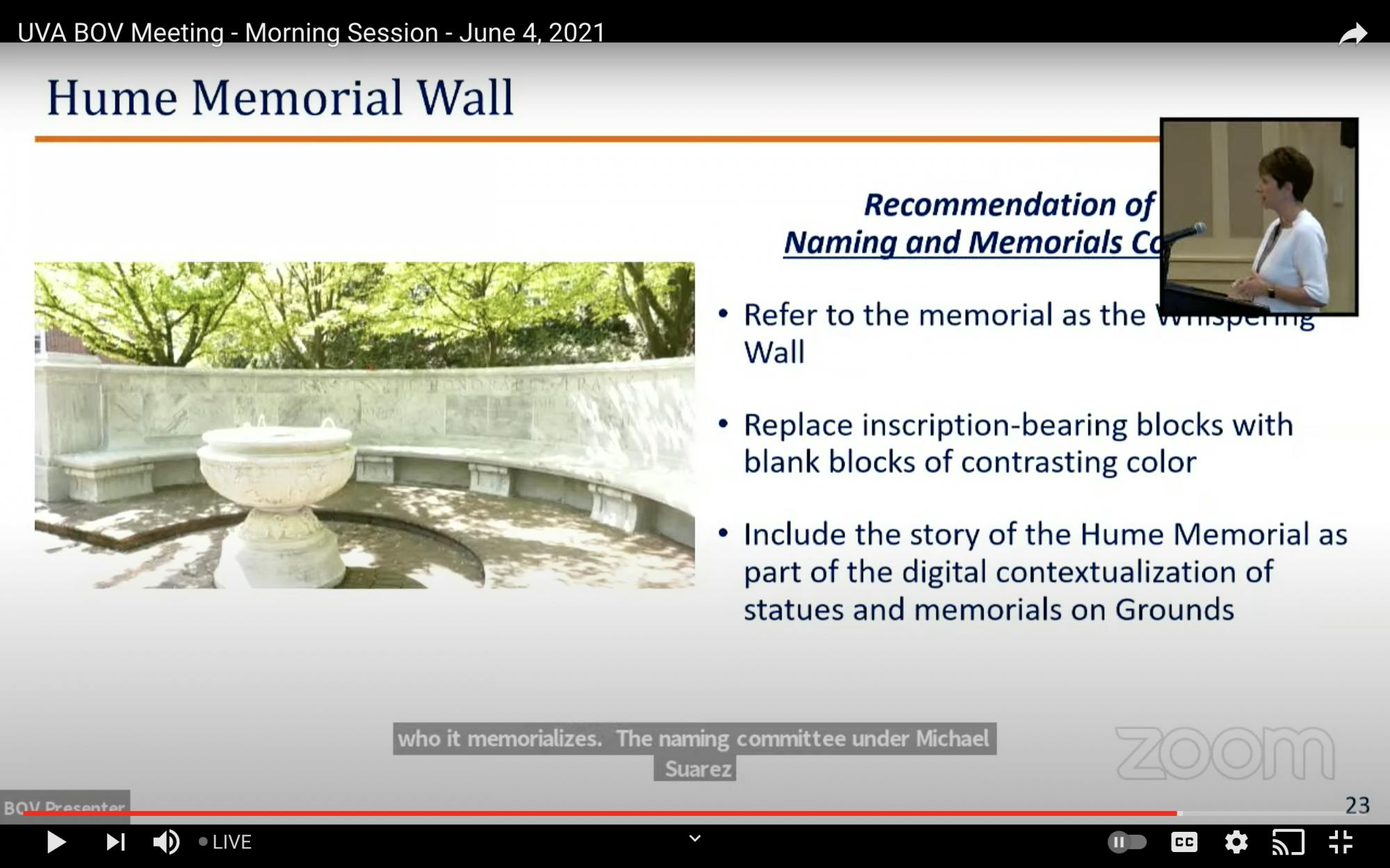 Rather than replacing the inscription with blocks of the same color, the Naming and Memorials Committee noted that contrasting blocks will “mark the permanent change that has been made to [the] structure.”