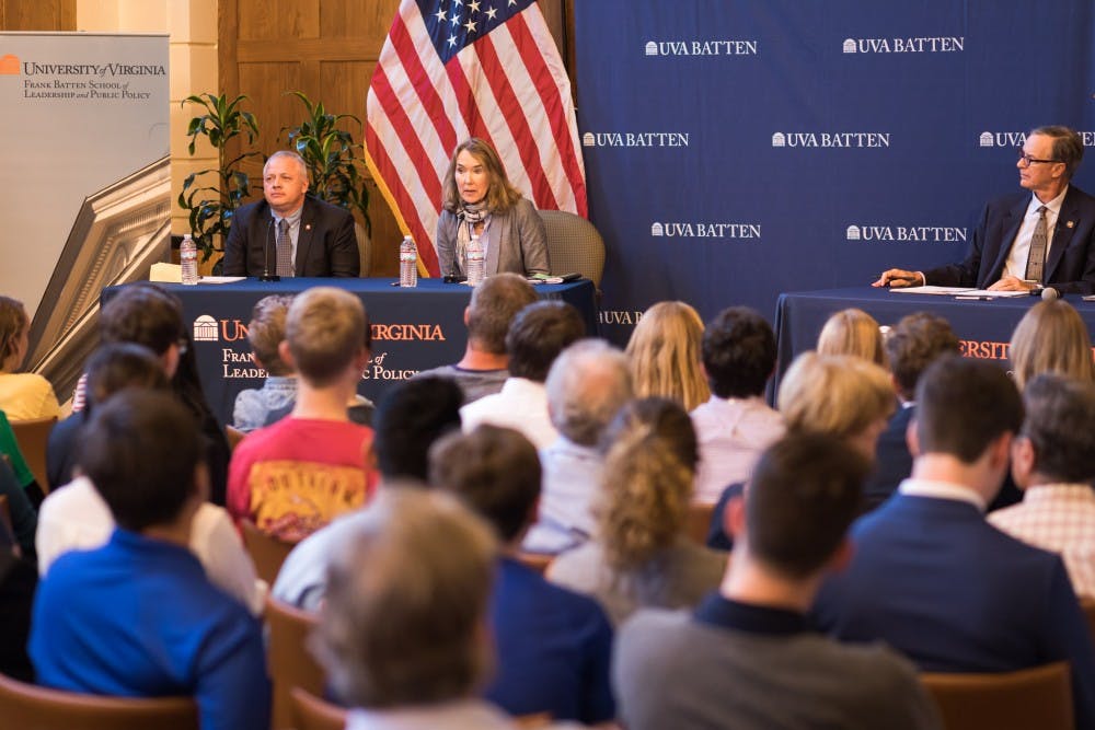 Denver Riggleman and Leslie Cockburn debated in Garrett Hall Friday evening.