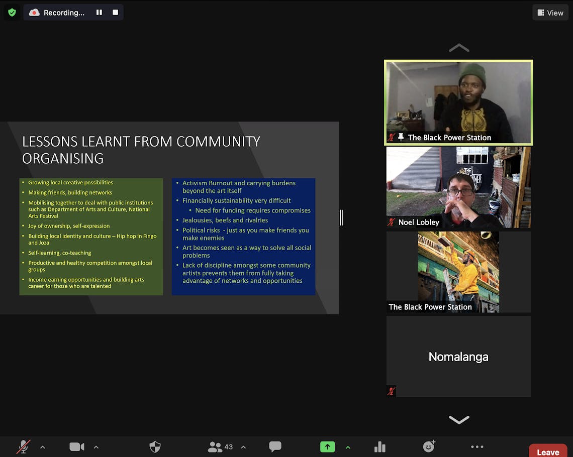 The course Community Organizing and Public Health in South Africa worked with the Movement for Change and Social Justice in South Africa. Students taking Arts Activism, Liberated Spaces and Creative Economies worked with The Black Power Station, taught by Professor Noel Lobley and hip-hop activist artist Xolile 'X' Madinda.&nbsp;