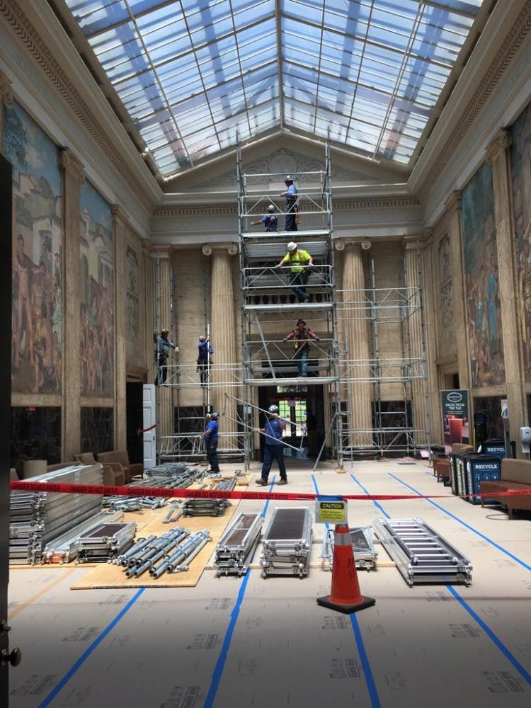 As part of the renovation efforts led by the Office of Sustainability, workers at Clark Hall updated the solar array system covering 280,000 square feet of roof space.&nbsp;