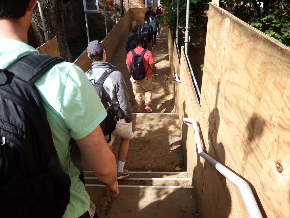 The temporary walkway recently opened between Newcomb Hall and Brown College.&nbsp;