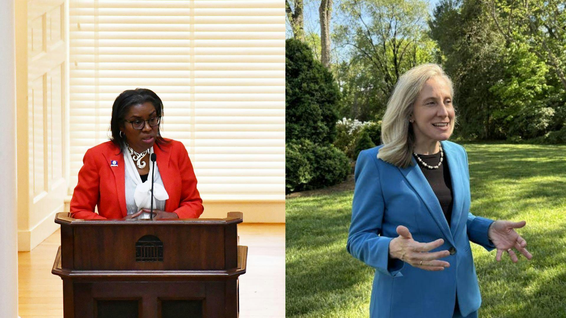 Lt. Gov. Winsome Earle-Sears (left) and former Rep. Abigail Spanberger (right) speak at events in the Charlottesville-area in April 2025. The pair are facing off in the 2025 Virginia's governor's race.