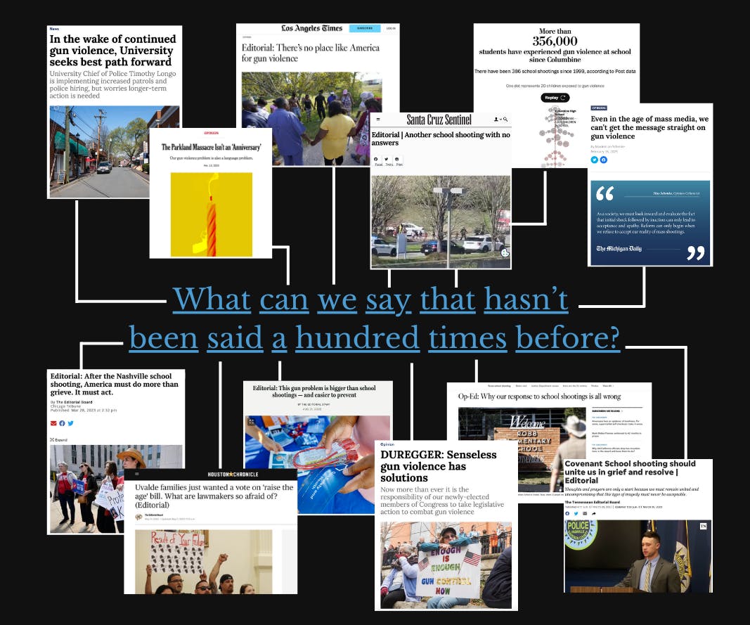 And while we wish we had more optimism, our elected officials’ continued apathy for change means that Chapel Hill will not be the last place violence visits. So, to the next school, the next mall, the next movie theater, the next place where violence strikes — we are here for you, too.