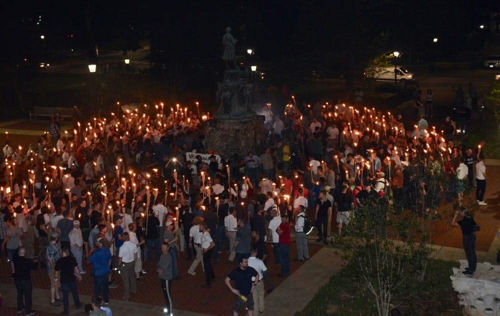 The torchlit march ended at the Thomas Jefferson statue north of the Rotunda and was met with counter-protesters.&nbsp;