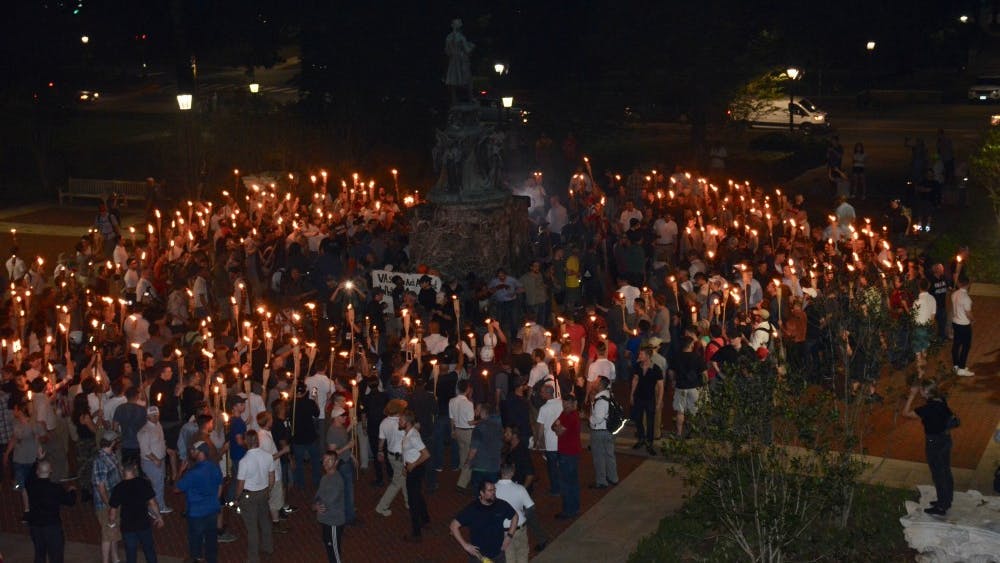The torchlit march ended at the Thomas Jefferson statue north of the Rotunda and was met with counter-protesters.&nbsp;