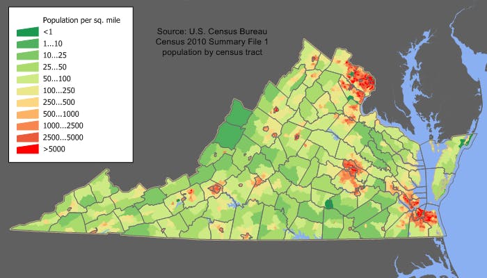	A map of Virginia by population. The area traditionally considered Northern Virginia is in the upper right of the state, near Washington, DC.