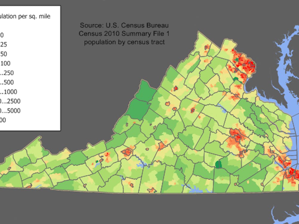 A map of Virginia by population. The area traditionally considered Northern Virginia is in the upper right of the state, near Washington, DC.