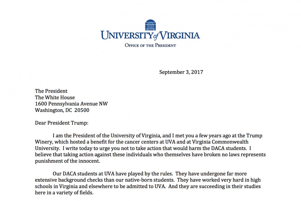 <p>University President Teresa Sullivan's letter was sent to Donald Trump two days before the Trump administration announced that the Deferred Action for Childhood Arrivals program would be phased out.&nbsp;</p>