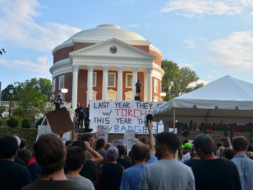 Students and community members gathered in front of the Rotunda on the one-year anniversary of the torchlit white supremacist march of Aug. 11, 2017.