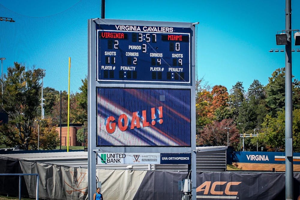 <p>The "goal!" graphic bounces around the scoreboard at Turf Field.</p>