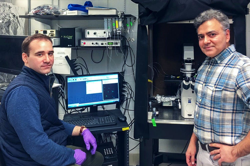 <p>Graduate student Michael Schappe (left) and Asst. Prof. Bimal Desi (right) identified the TRPN7 ion channel associated with inflammation related to diseases such as Alzheimer's.</p>