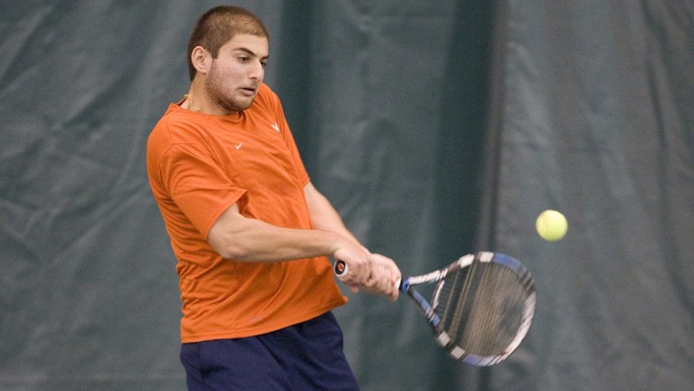 Michael Shabaz in action against Texas.  The #1 ranked Virginia Cavaliers men's tennis team defeated the #5 ranked Texas Longhorns 5-2 at the Boyd Tinsley Courts at the Boar's Head Inn and Resort in Charlottesville, VA on February 29, 2008.