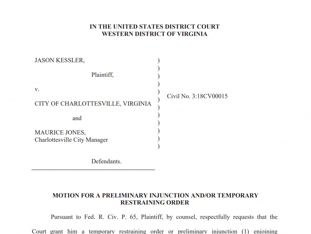 White nationalist organizer Jason Kessler and his attorney James Kolenich filed for a preliminary injunction on Friday.