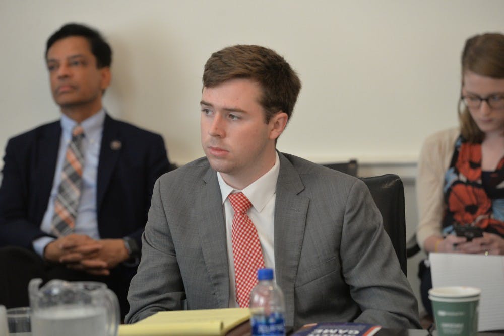 The Dec. 7 session also featured remarks from Brendan Nigro, a fourth-year College student and the student member of the University's Board of Visitors. Nigro was elected to the board this past March and is pictured above at his first meeting as student member in June.&nbsp;
