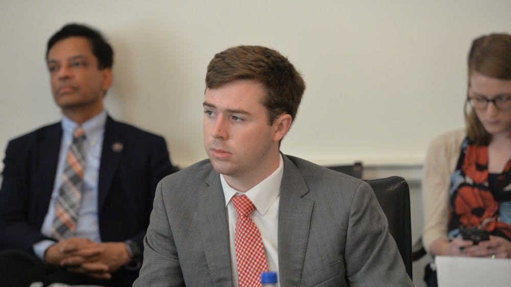 The Dec. 7 session also featured remarks from Brendan Nigro, a fourth-year College student and the student member of the University's Board of Visitors. Nigro was elected to the board this past March and is pictured above at his first meeting as student member in June.&nbsp;